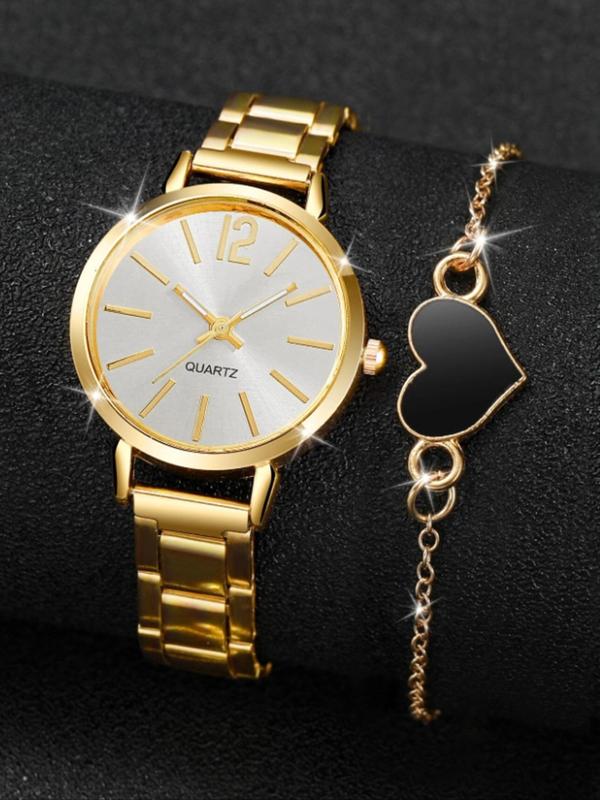 Women's Elegant Fashion Round Dial Quartz Watch & Heart Charm Bracelet Without Box, Fashion Watch Set for Party, Daily Decor, Trendy All-match & Exquisite Watch Set for Birthday Gift