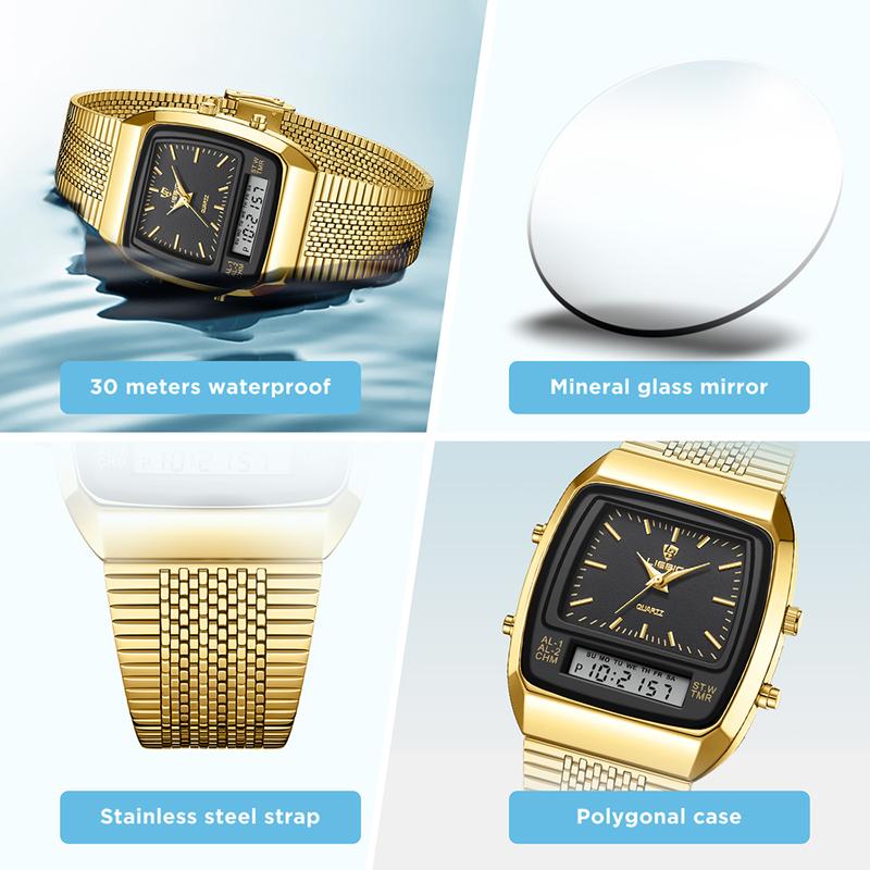 [Livestream Deal] Liebig Retro - Gold Dual Display Quartz Stainless Steel Wristwatch for Men