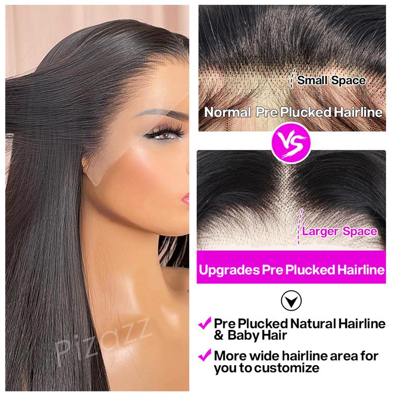 Pizazz 13x5 HD Transparent Lace Front Human Hair Wigs 220 Density PrePlucked Brazilian Straight Lace Frontal Wig with Baby Hair 18-30 inch