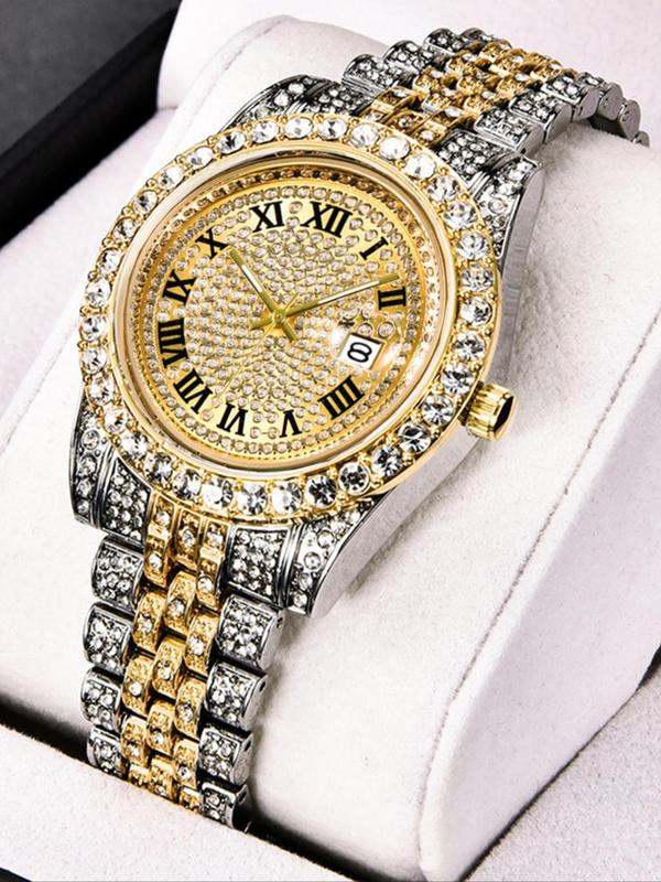 Rhinestone Decor Round Dial Analog Quartz Watch, Fashion Watch for Party, Daily Clothing Decor, Trendy Exquisite Watch for Birthday Gift without Box