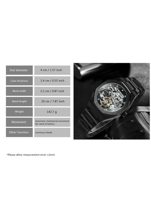 Classic Business Rhinestone Decorated Analog Mechanical Watch for Men, Fashion Luminous Hands Watch for Party, Daily Decor, Trendy Watch for Birthday Gift with Box, Fall Outfits, Fall Freshness