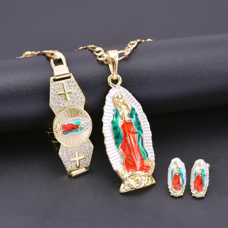 Jewelry set (bracelet + Pendant + necklace + pair of earrings) Mexican charm Guadalupe Religion Wear jewelry set, Madonna Festival celebration gifts, protect the blessing of jewelry gifts to men and women virgencita necklace