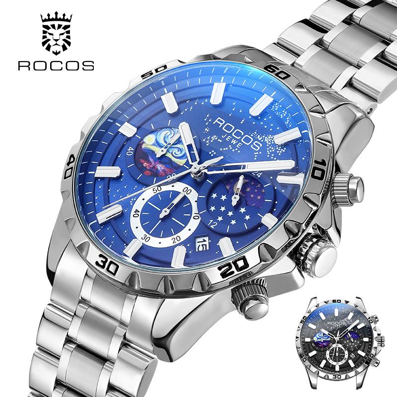 ROCOS Men's Luxury Fashion Business Dress Watch,Quartz Movement,Waterproof,Luminous,Chronograph Date Watch-Black and Blue Watches