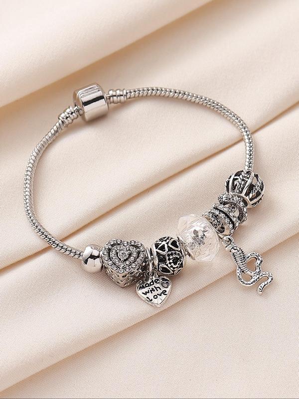 Women's Rhinestone Heart & Snake Charm Beaded Bracelet For Elegant All-match Luxury Jewelry for Girls Gift, Female Classic Fashion Accessories for Daily Wear