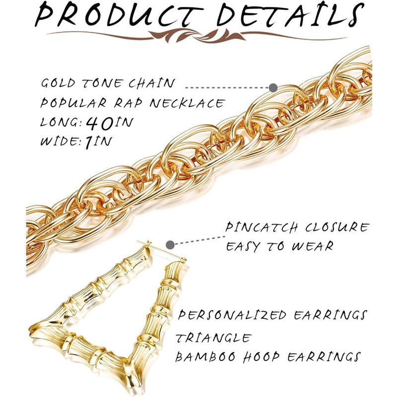 Drperfect  Plated Chunky Rope Chain Necklace and Large Hollow Casting Triangle Bamboo Hoop Earrings Set for Men Women Punk Hip Hop Costume Kit 80s  90s Rapper Accessories Daily