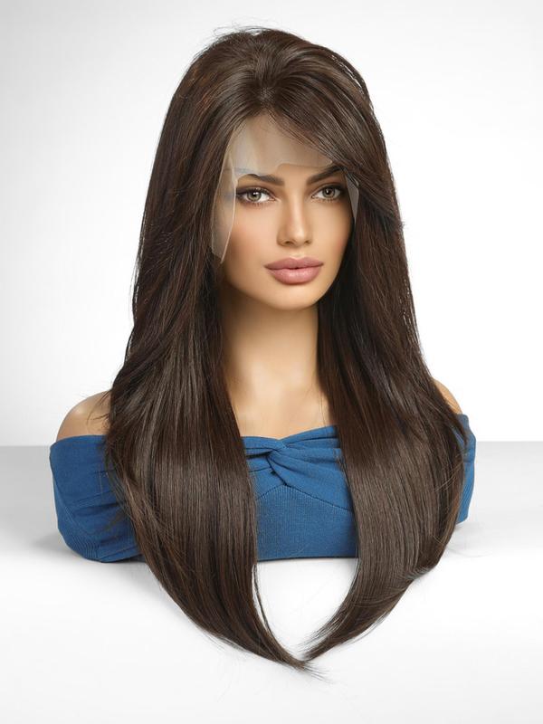 24 Inch Brown Long Straight Lace Front Wigs for Women, Natural Hairstyles Gorgeous Fluffy Layered Cut Wigs without Bangs, Synthetic Wigs for Party, Daily Use