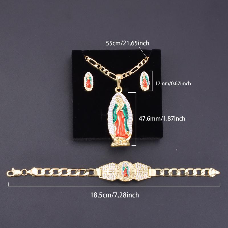 Jewelry set (bracelet + Pendant + necklace + pair of earrings) Mexican charm Guadalupe Religion Wear jewelry set, Madonna Festival celebration gifts, protect the blessing of jewelry gifts to men and women virgencita necklace