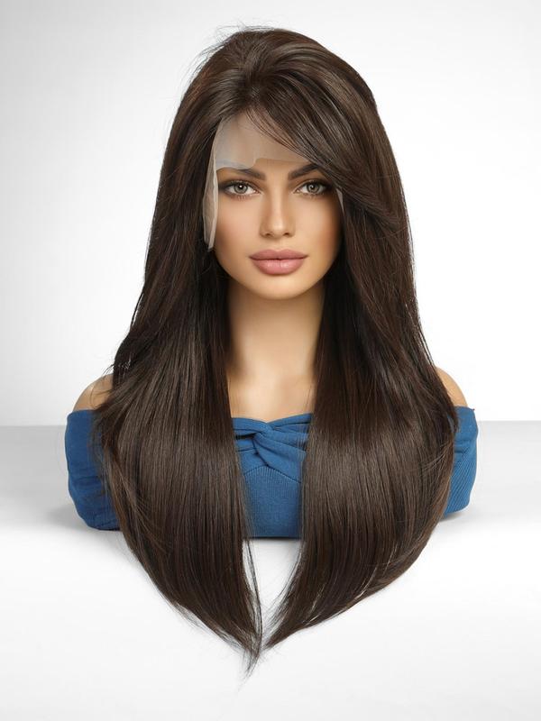 24 Inch Brown Long Straight Lace Front Wigs for Women, Natural Hairstyles Gorgeous Fluffy Layered Cut Wigs without Bangs, Synthetic Wigs for Party, Daily Use