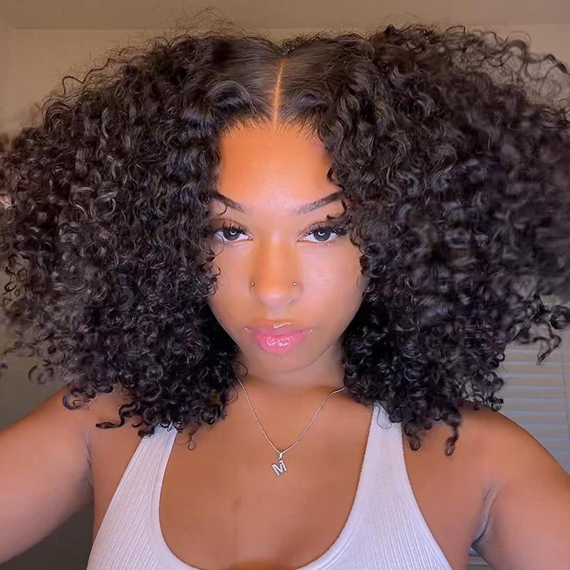 Wiggins Hair Short Curly Wigs Popping Fluffy Curl 250% Density 7x4 Pre Cut Ready To Go Curly Glueless Wigs Ready To Wear Human Hair Beginners Glueless Wig