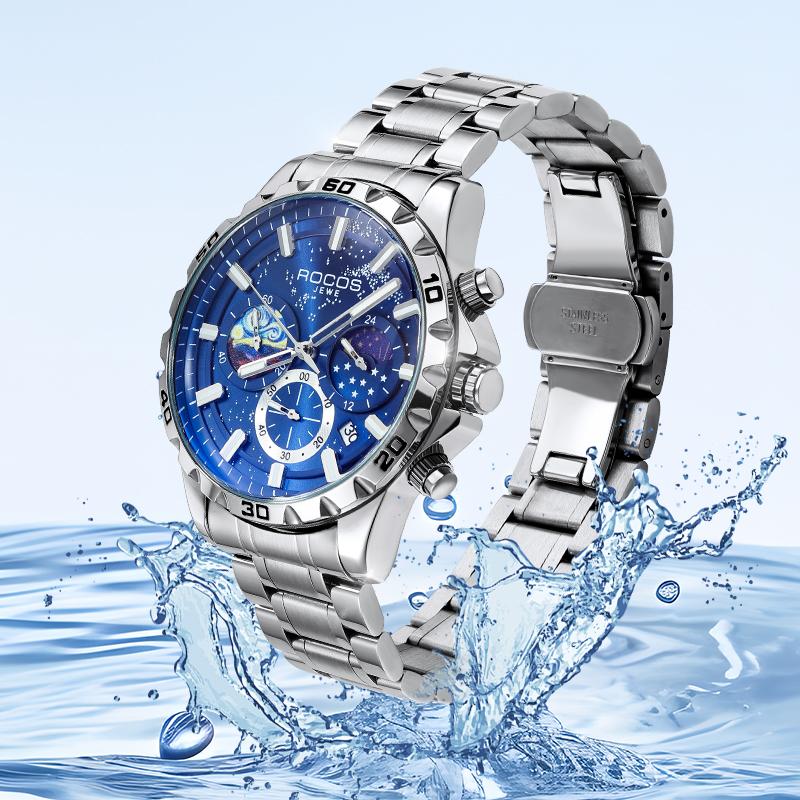 ROCOS Men's Luxury Fashion Business Dress Watch,Quartz Movement,Waterproof,Luminous,Chronograph Date Watch-Black and Blue Watches