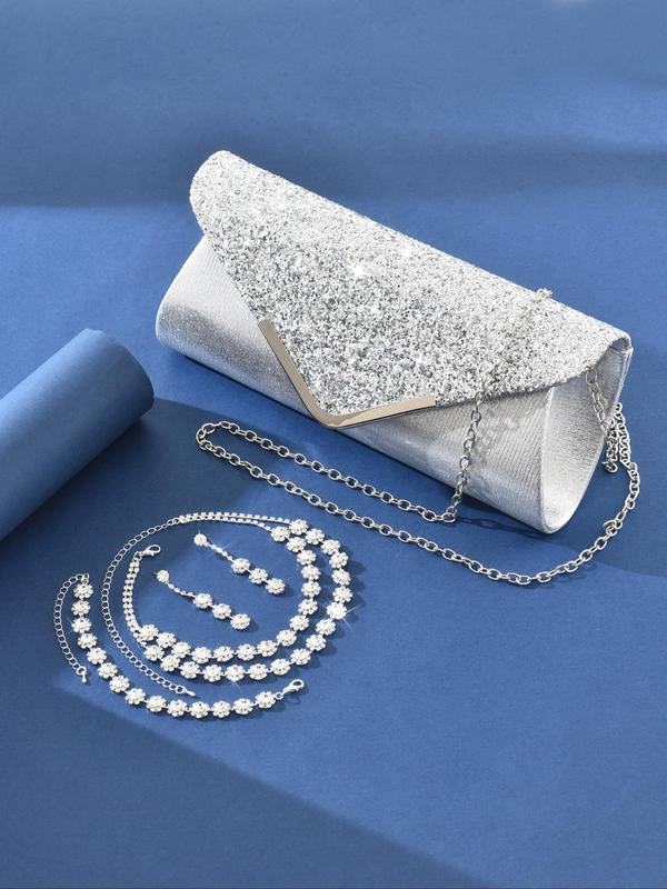 Women's Elegant Rhinestone Decorated Necklace & Earrings & Bracelet & Ring & Envelope Bag, Exquisite Trendy Jewelry Set for Party & Wedding & Dating