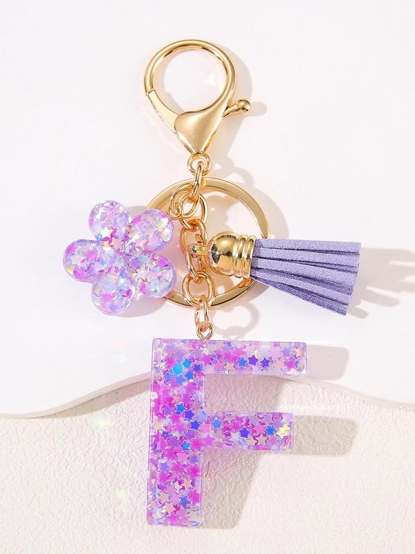 Cute Flower & Tassel Design Initial Letter Keychain, Fashionable Resin Pendant with Key Ring, Bag Backpack and Car Key Chain Hanging Charm