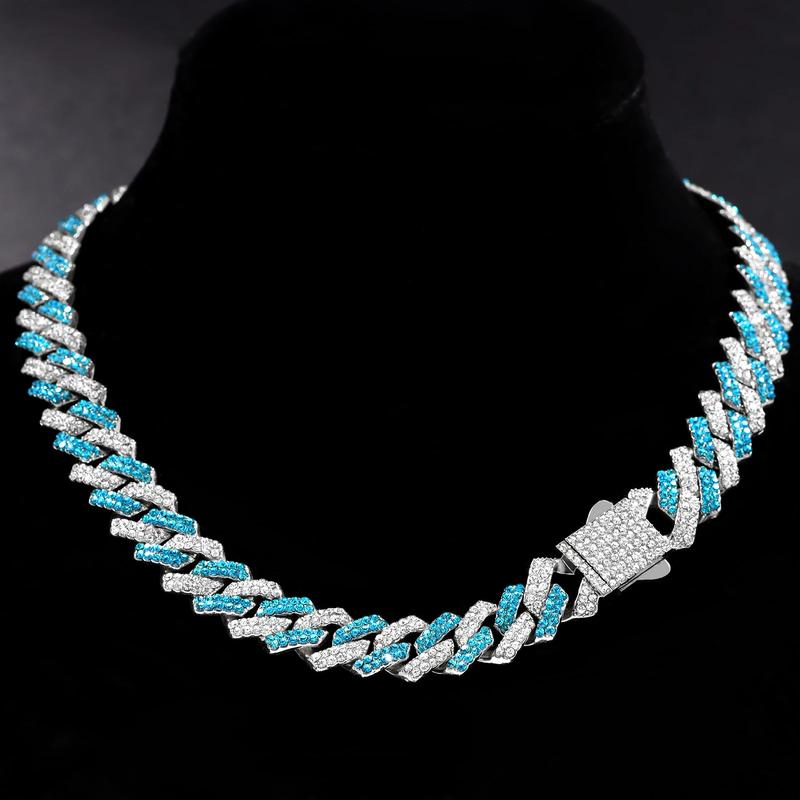 Hip Hop Men's Necklace with Bracelet Set Blue Rhinestone Street Fashion Rapper's Jewelry Chain Link Gift for Women and Men