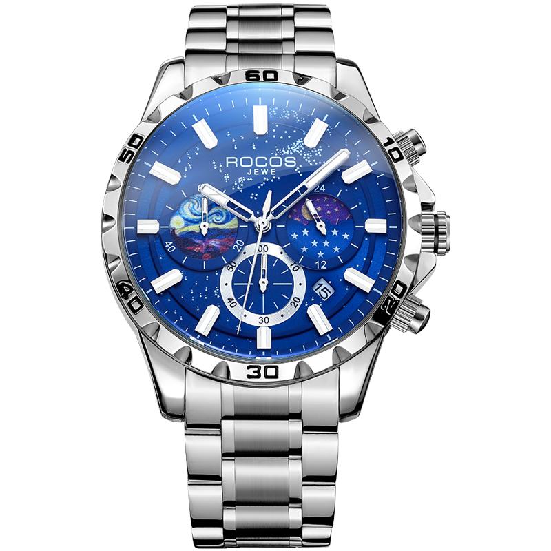 ROCOS Men's Luxury Fashion Business Dress Watch,Quartz Movement,Waterproof,Luminous,Chronograph Date Watch-Black and Blue Watches