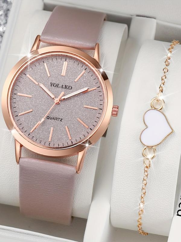 Women's Elegant Fashion Round Dial Quartz Watch & Heart Charm Bracelet Set, without Box, Fashion Watch Set for Party, Daily Decor, Trendy All-match & Exquisite Watch Set for Birthday Gift