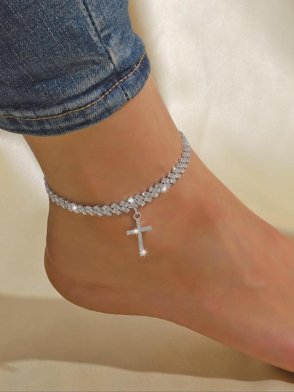 Fashion Cross Charm Anklet for Women, Rhinestone Decorated Anklet for Girls, Party, Daily Clothing Decor, Birthday Gift