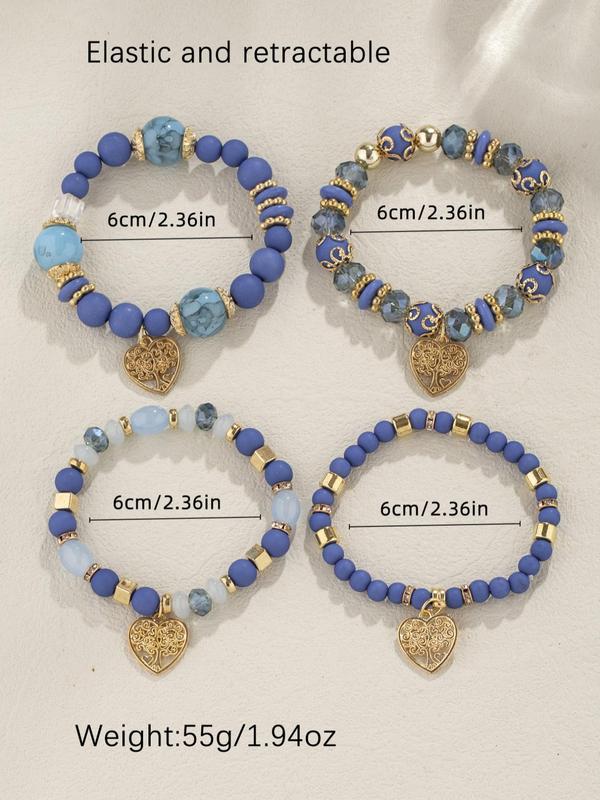 Women's Boho Style Heart Charm Bracelets, 4pcs set Trendy Vintage Colorful Bead Bracelets, Chic Retro Jewelry As Gift for Girlfriend