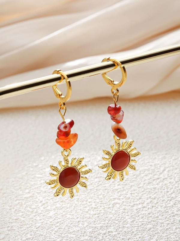 1 Pair Women's Fashion Elegant Sun Design Dangle Earrings, Vintage Stone Decor Drop Earrings For Women For Daily Party Gift