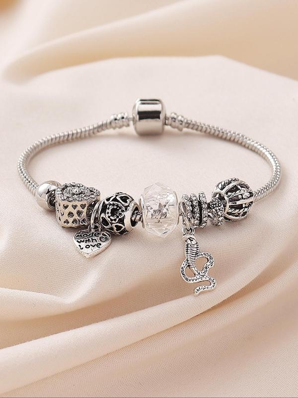 Women's Rhinestone Heart & Snake Charm Beaded Bracelet For Elegant All-match Luxury Jewelry for Girls Gift, Female Classic Fashion Accessories for Daily Wear