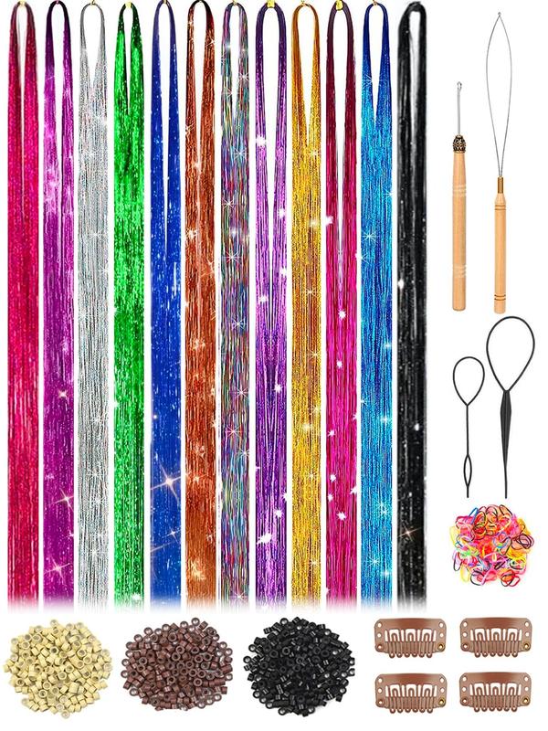 Glitter Hair Tinsel Kit, 12 Mixed Color Hairpiece with Tools, Heat Resistant Hair Accessories for Girls Women Kids