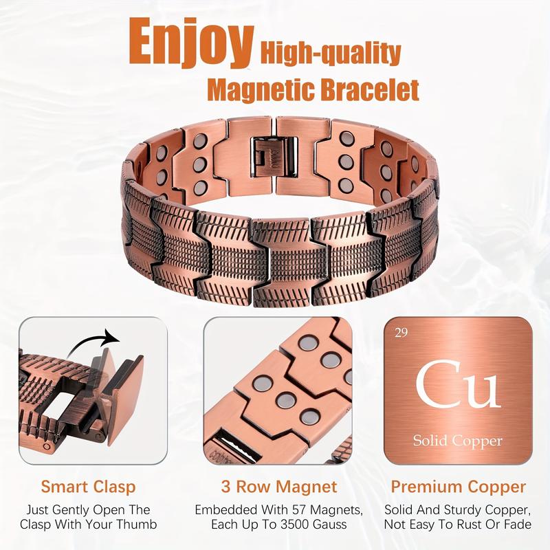 3x Men's Copper Bracelet Triple Super Strong Magnet, 99.99% Pure Copper Magnetic Bracelet with Adjustable Size Tool, Men's Valentine's Day Jewelry Gift