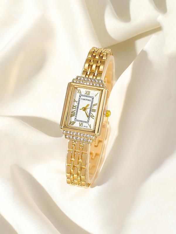 CARYINO 1PC Women's Gold Stainless Steel Strap Watch, Square Face Inlaid with Diamonds, Elegant and Versatile for Business and Casual Wear, Exquisite Quartz Watch for Daily Life