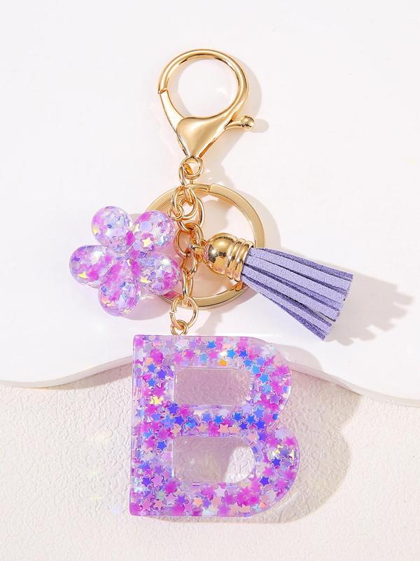 Cute Flower & Tassel Design Initial Letter Keychain, Fashionable Resin Pendant with Key Ring, Bag Backpack and Car Key Chain Hanging Charm