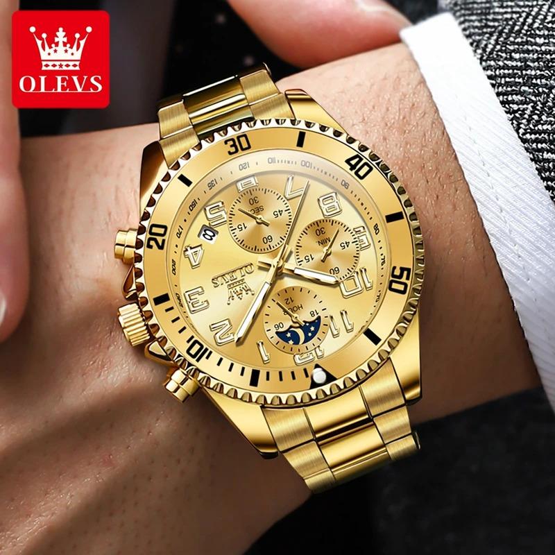 OLEVS 2926 Men's Watch Luxury Brand Gold Waterproof Calendar Moon Phase Chronograph Top Fashion Stainless Steel Men Quartz Watch