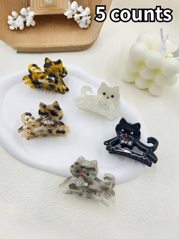 Cute Cat Design Hair Claws, Rhinestone Decor Hair Claws, Fashion Hair Accessories for Women & Girls, Minimalist Headwear Suitable for Thick Hair