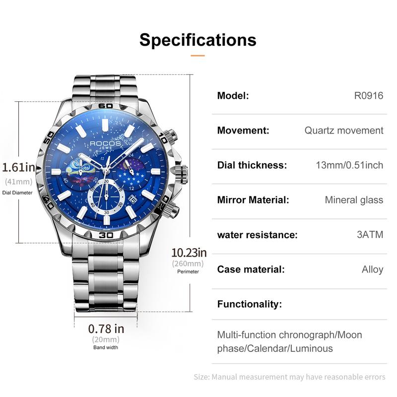 ROCOS Men's Luxury Fashion Business Dress Watch,Quartz Movement,Waterproof,Luminous,Chronograph Date Watch-Black and Blue Watches