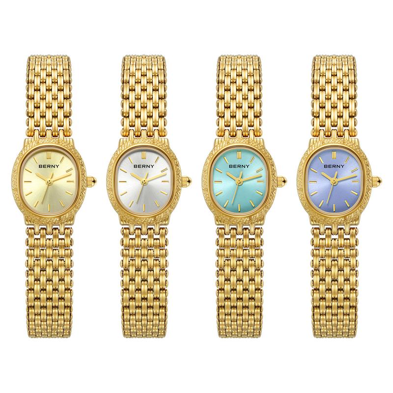 BERNY Gold Watch for Women Vintage Dainty Bracelet Watch All Stainless Steel Ladies Mini Quartz Wristwatch Tiny Fashion 3ATM Waterproof Old Money Reloj Dorado Classy Gold Watch