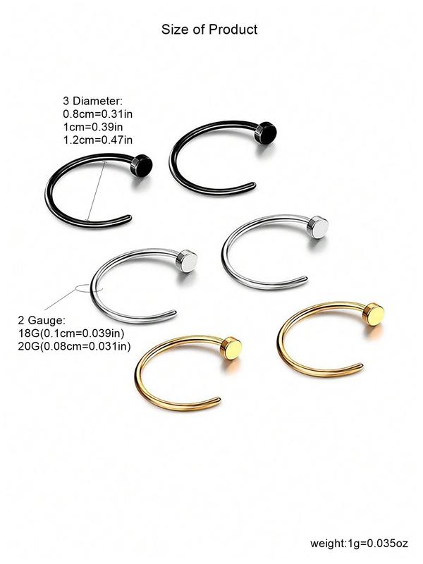 Fashionable Stainless Steel Nose & Lip Rings, 6counts set Non-piercing Nose Rings, Body Jewelry for Women & Girls, Trendy All-match & Exquisite Jewelry for Birthday Gift