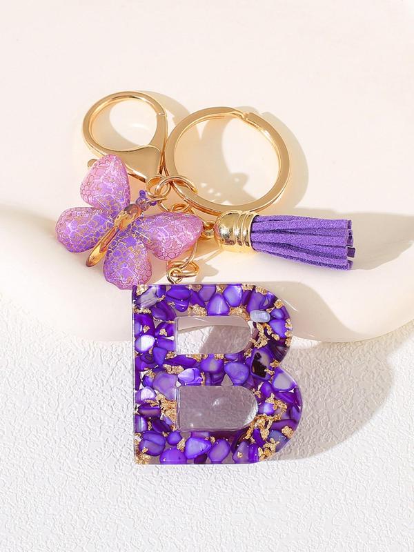 Initials & Butterfly & Fringe Design Keychain, Fashionable Purple Artificial Crystal Drop Glue Keychain for Women & Men, Trendy All-match Keychain for Birthday Gift