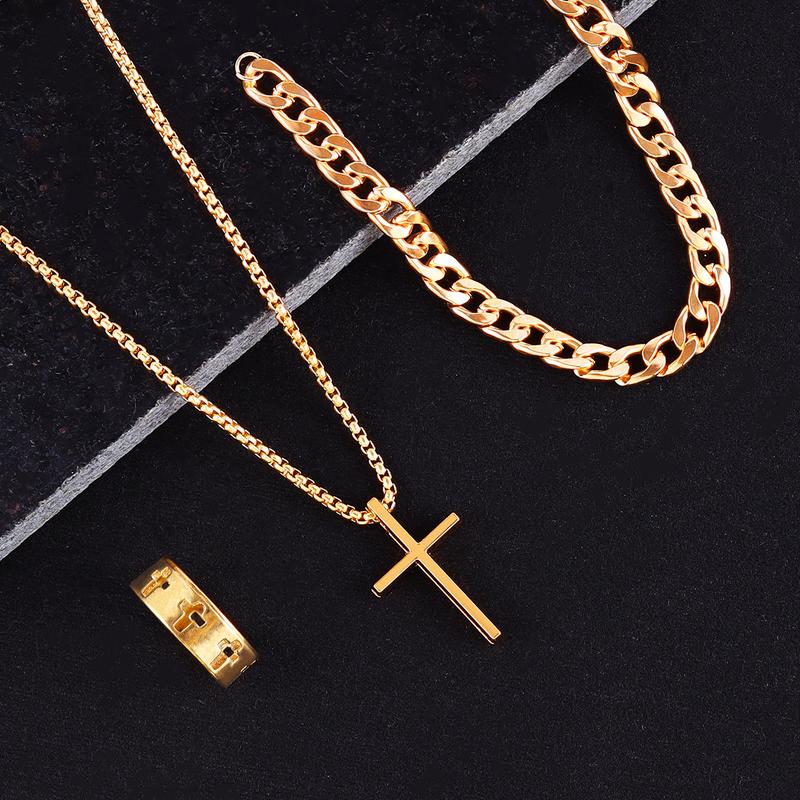 Men's Punk Style Matching Jewelry Set, Cross &Chain Design Pendant Necklace & Bracelet &.Ring Back To School, Jewelry Men Accessoriesfor Party & Daily Gift Kit Women, Fall Outfits, FallFreshness Fall