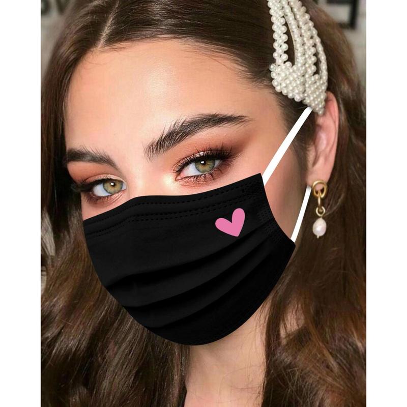 50pcs Cute Disposable Face Masks, Pink And Black Masks with Hearts Printed, 3-Ply Full Face Protection for Women Teen Girls