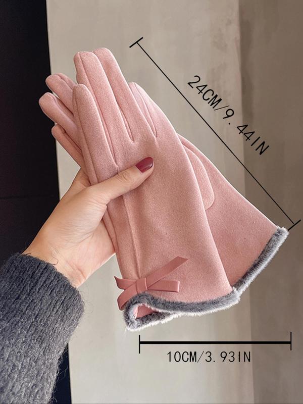 Women's Cute Bow Decorated Gloves, 2024 New Style Solid Color Casual Trendy Warm Gloves for Women & Girls, Fashionable Windproof Touch Screen Gloves for Winter