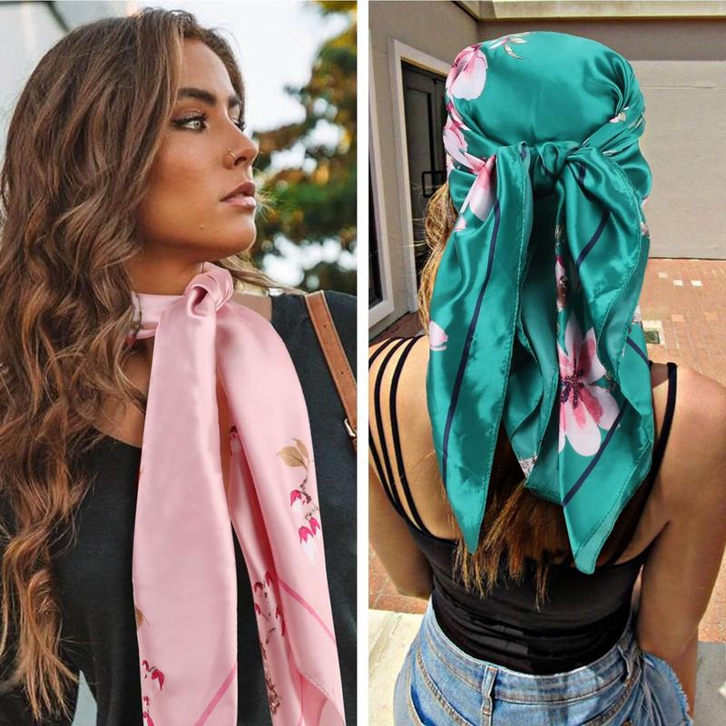 35” Large Square Satin Head Scarf - 4 count Silk Accessories Classic Patterned Squares Beach Bandanas for Women