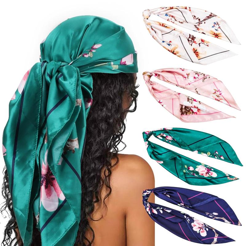 35” Large Square Satin Head Scarf - 4 count Silk Accessories Classic Patterned Squares Beach Bandanas for Women