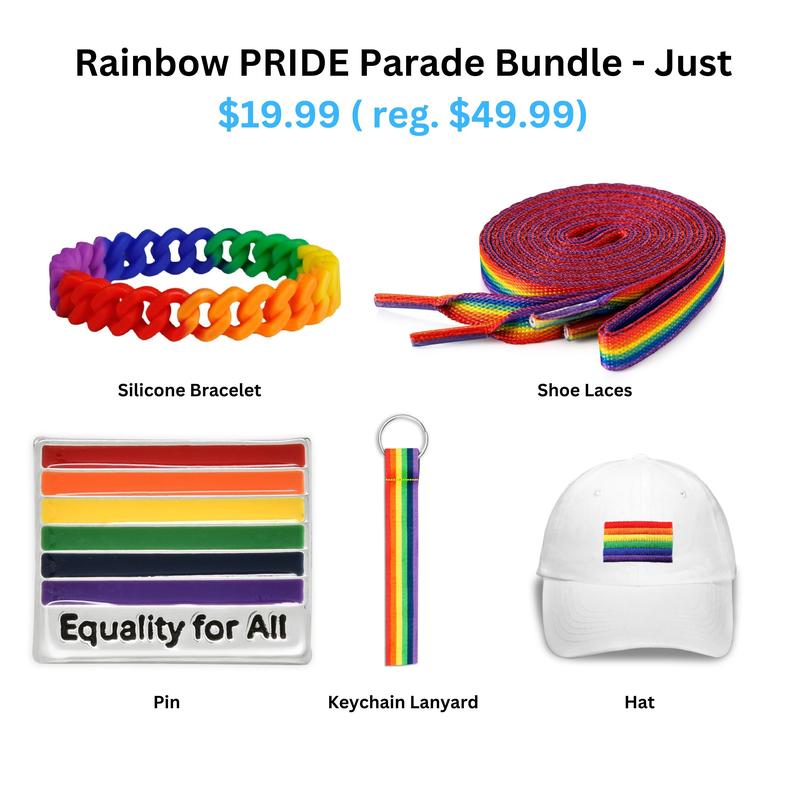 Rainbow LGBTQ+ Gay PRIDE Prade Bundle - Rainbow Shoelaces, Rainbow Hat, Rainbow Flag Pin, Rainbow Bracelet, Rainbow PRIDE Keychains