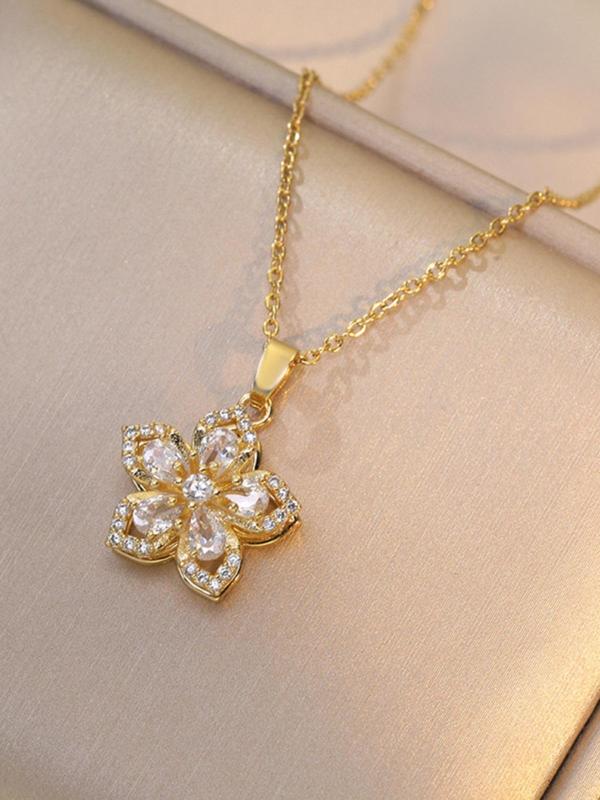 Rotatable Flower Design Pendant Necklace for Women, Summer Rhinestone Decor Necklace for Party, Daily Clothing Decor, Trendy & Exquisite Jewelry for Holiday Parties, Fall Outfits, Fall Freshness, 90s Minimalism, Pink Charm