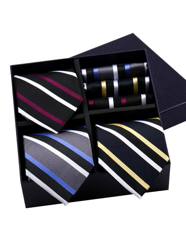 Men's Business Striped Pattern Tie & Pocket Square Set, Fashion Necktie & Handkerchief Set for Work Office, Fashion Accessories for Men