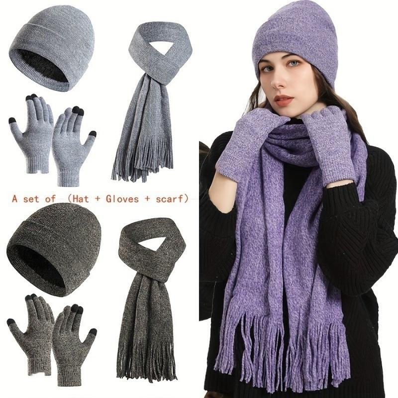 Winter essentials: Comfortable three-piece knitted hat, scarf, and gloves - thick, soft, windproof, and warm, the ultimate cold protection for autumn and winter