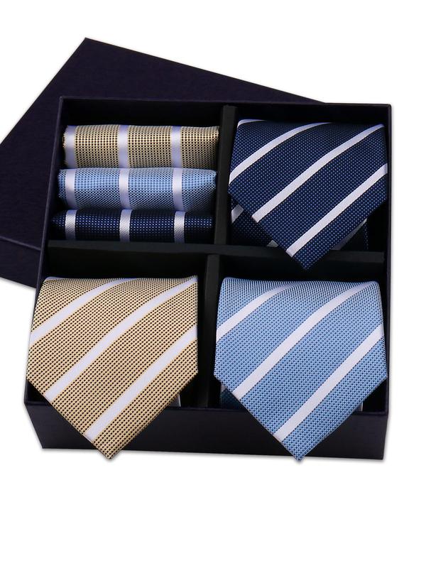 Men's Business Striped Pattern Tie & Pocket Square Set, Fashion Necktie & Handkerchief Set for Work Office, Fashion Accessories for Men