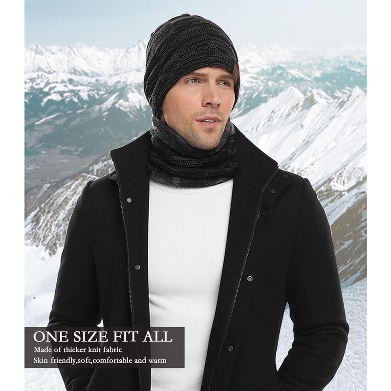 Mens Winter Beanie Hats Scarf Set Warm Knit Skull Cap Neck Warmer with Fleece Lined Winter Hat for Women