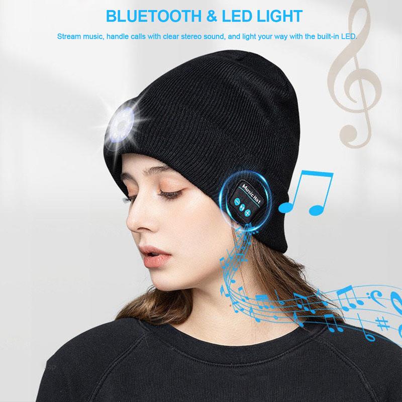 Bluetooth Beanie with LED Headlight and Removable Speakers, USB Rechargeable Knit Warm Winter Hat with Gift Box, Balaclava Hat For Music and Calling, Sport,Outdoor,Unisex Christmas Birthday Gift