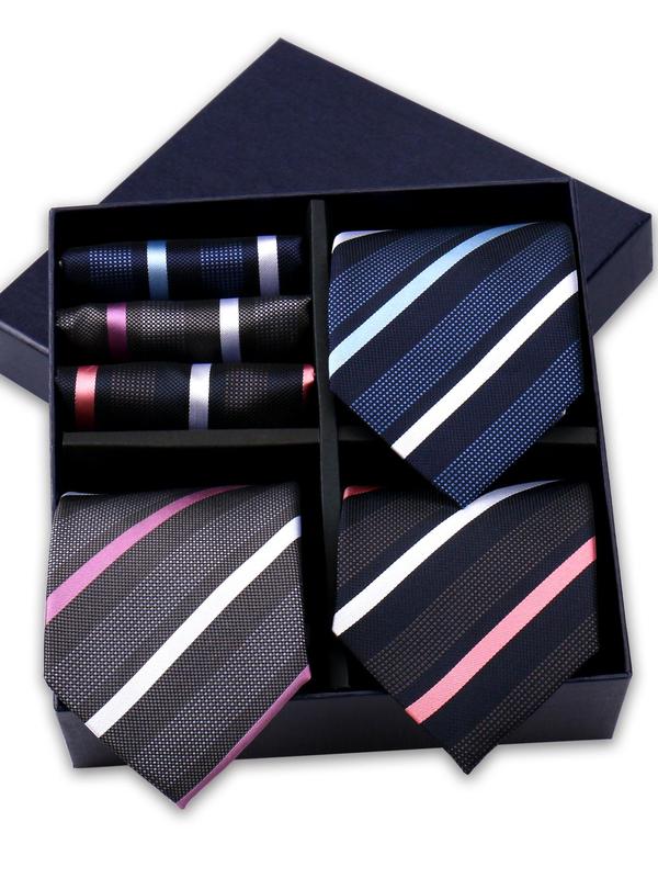 Men's Business Striped Pattern Tie & Pocket Square Set, Fashion Necktie & Handkerchief Set for Work Office, Fashion Accessories for Men