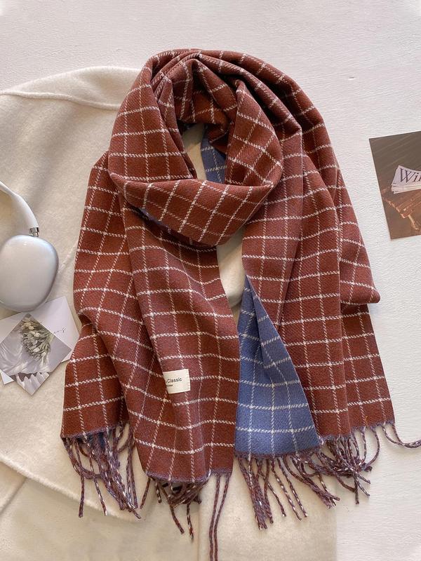 Women's Elegant Plaid Pattern Tassel Decor Scarf, Casual Soft Warm Comfy Shawl for Fall & Winter, Fashion Accessories for Daily Wear