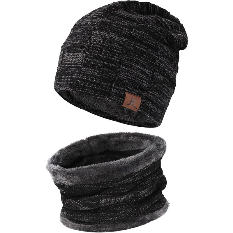 Mens Winter Beanie Hats Scarf Set Warm Knit Skull Cap Neck Warmer with Fleece Lined Winter Hat for Women