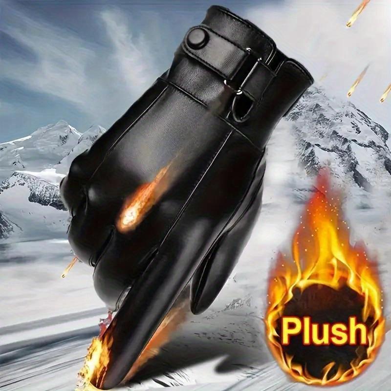 1 Pair Plush Thermal Insulation Winter Gloves - Durable PU Leather Touchscreen Gloves, Water-Resistant, Outdoor Cycling Driving Skiing Gloves for Cold Weather Activities