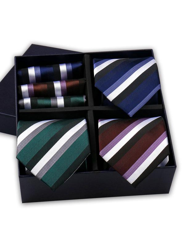 Men's Business Striped Pattern Tie & Pocket Square Set, Fashion Necktie & Handkerchief Set for Work Office, Fashion Accessories for Men